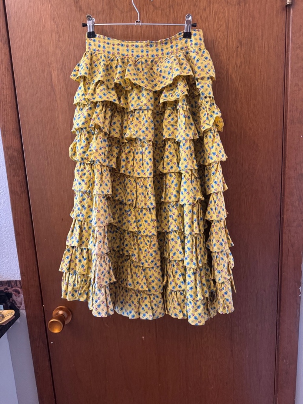 Yellow Floral Tiered Ruffle Midi Skirt